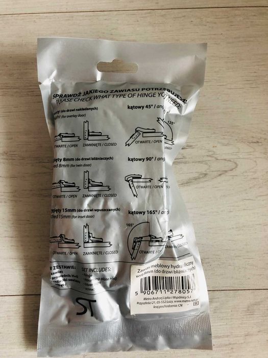 NOWY zawias meblowy hydrauliczny wygięty 8 mm do drzwi bliźniaczych