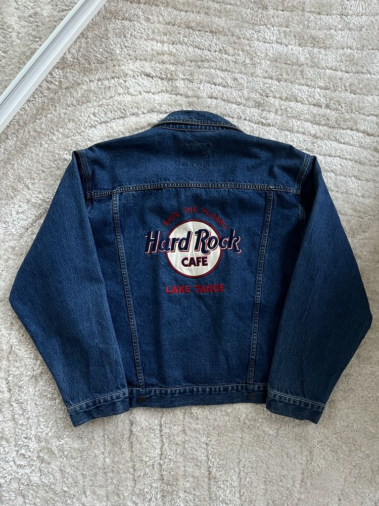 kurtka jeansowa z wyszywanym logo vintage granatowa Hard Rock Cafe