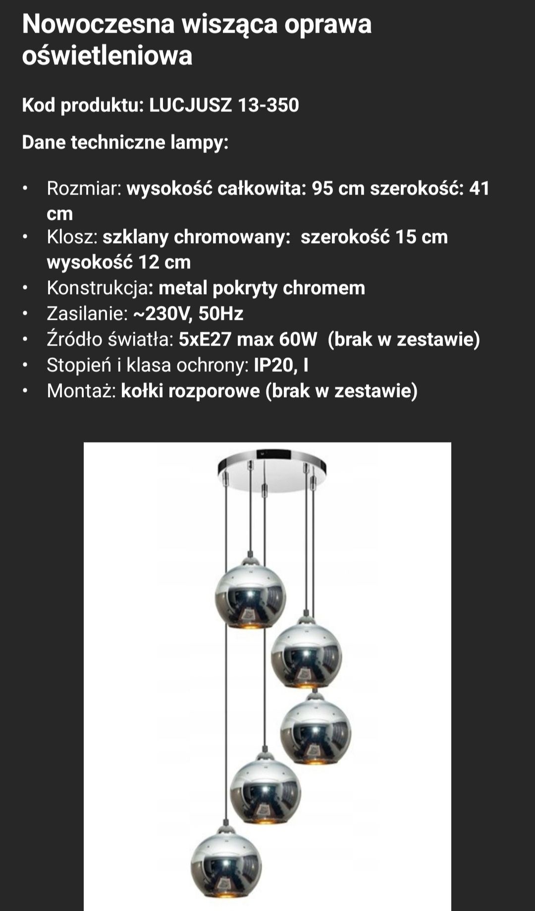 Lampa sufitowa żyrandol pięć kul chrom glamour