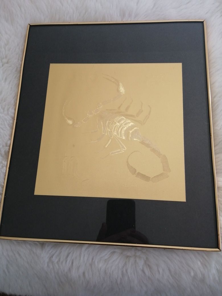 Quadro do signo escorpião, dourado com vidro, muito bom estado