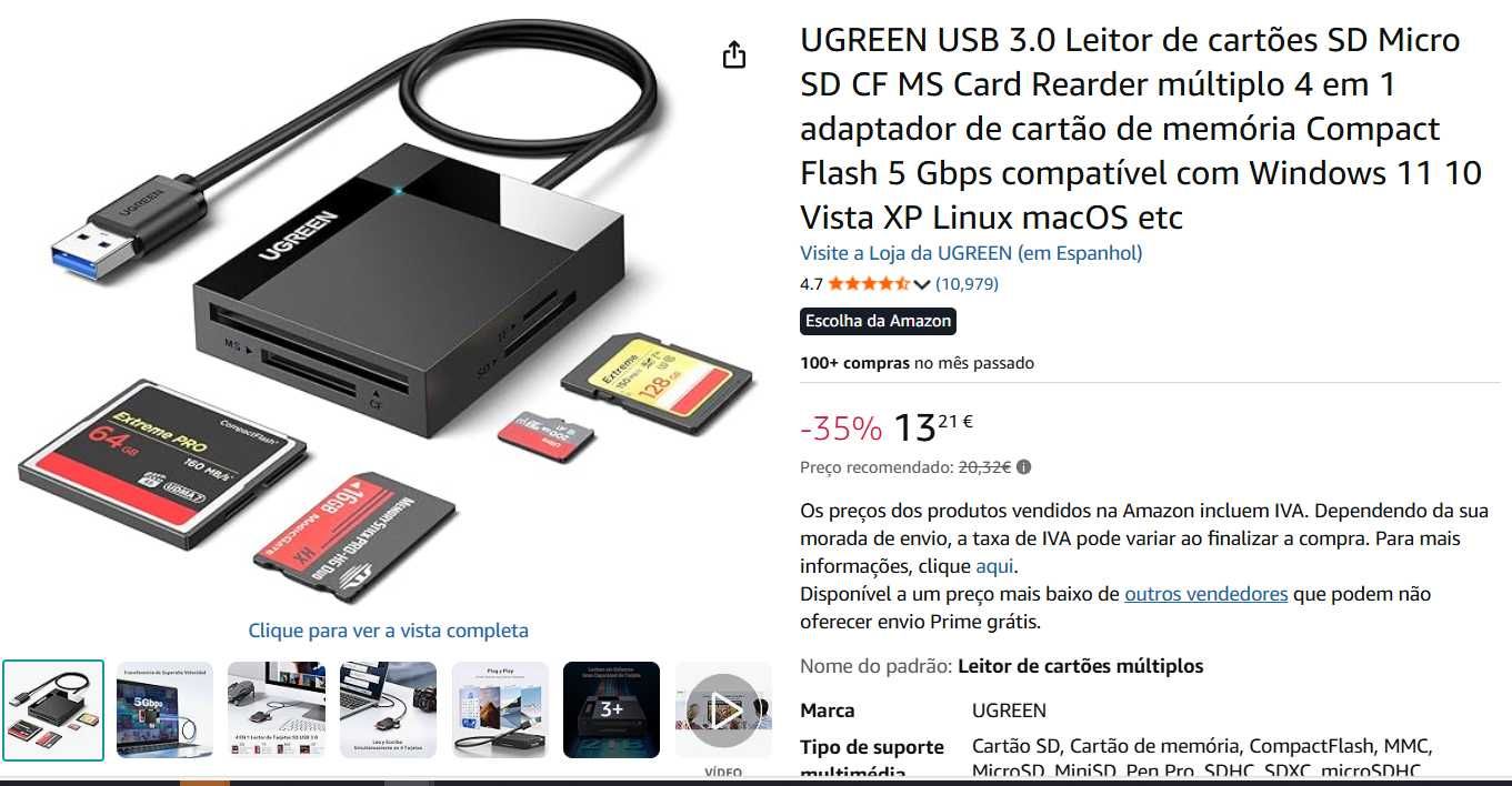 UGREEN USB 3.0 Leitor de cartões 4 em 1 NOVO