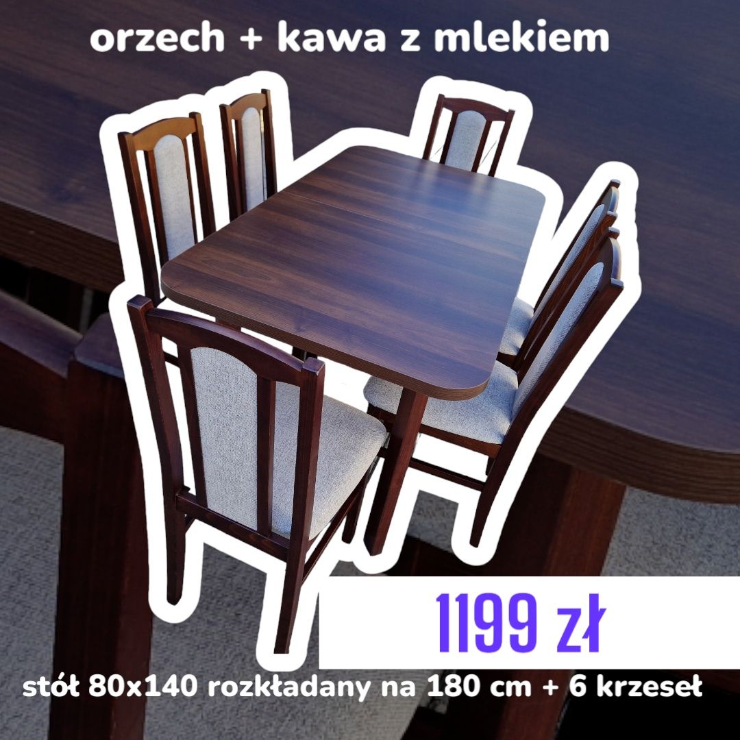 Nowe: Stół 80x140/180 + 6 krzeseł, orzech + kawa z mlekiem , dostawaPL