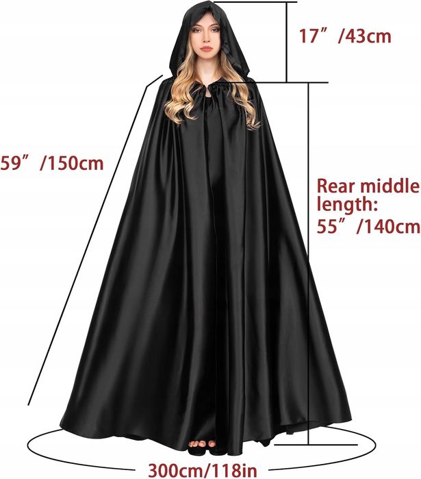 Peleryna Płaszcz Z Kapturem Karnawałowy Unisex Satynowy Czarny