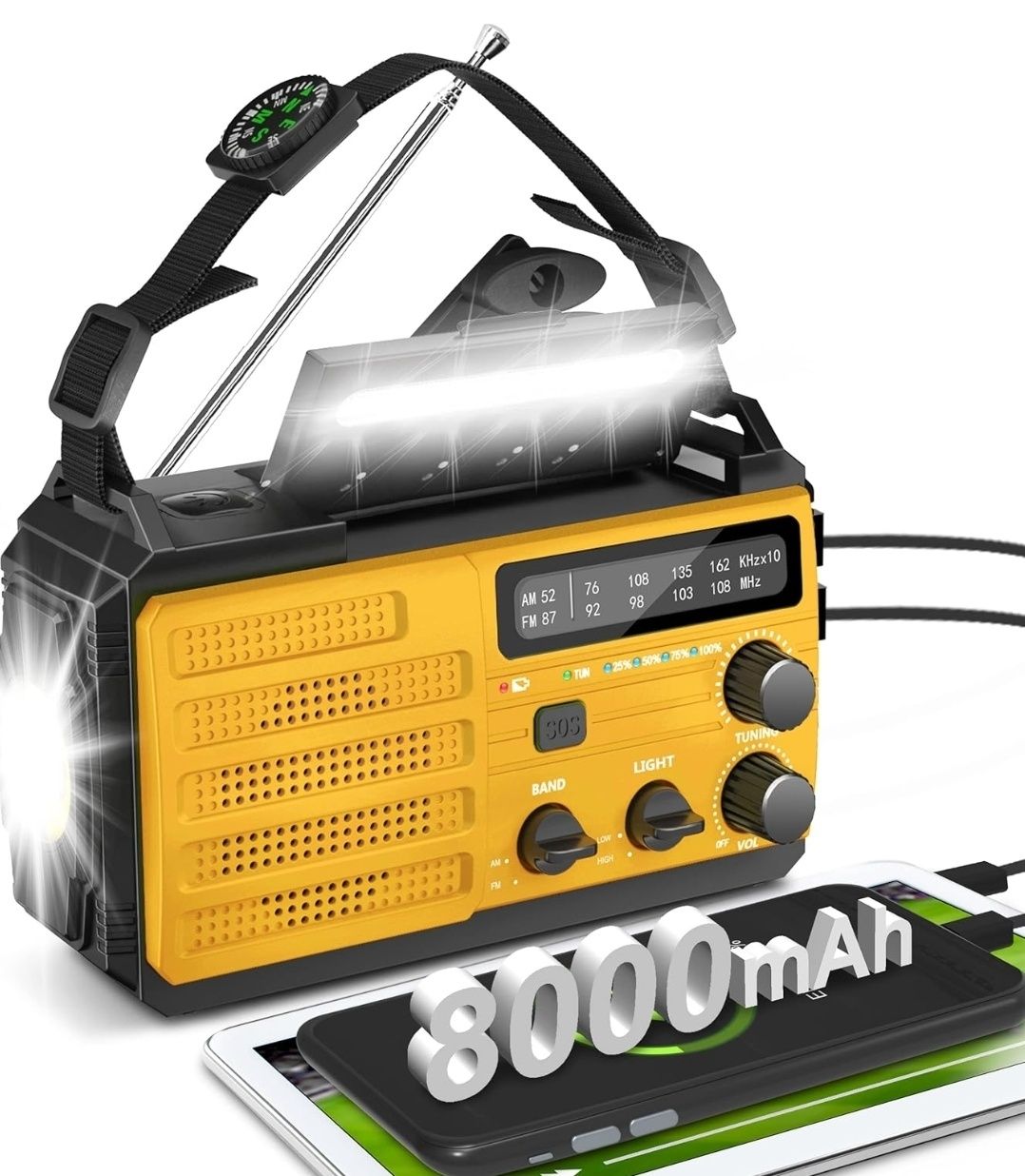 Awaryjne radio solarne z funkcją powerbanku i latarki 8000 mAh AM/FM