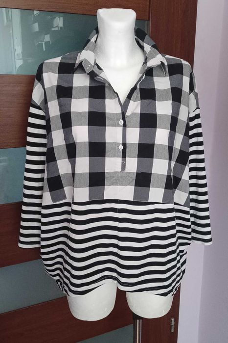 Czarno biała bluzka koszula kratka paski oversize gyaru emo punk skate