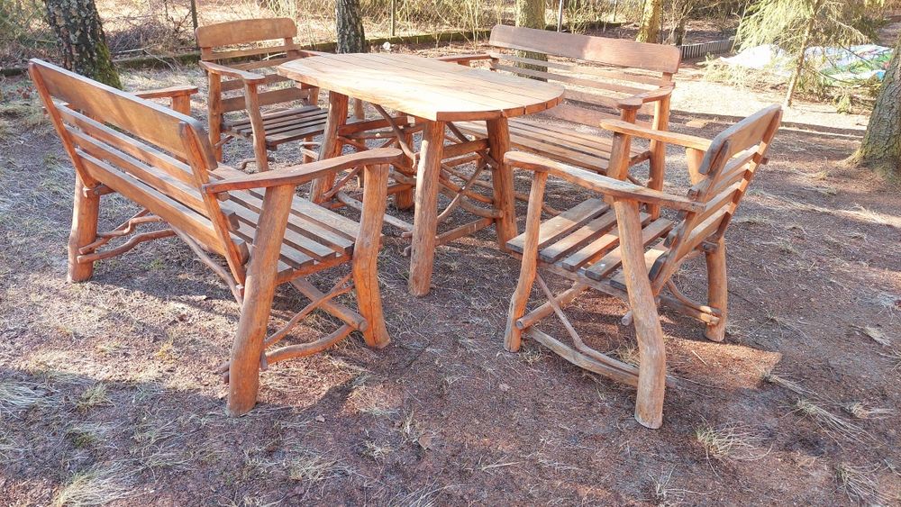 Zestaw tarasowy ogrodowy dębowy stół ławy - sofy fotele