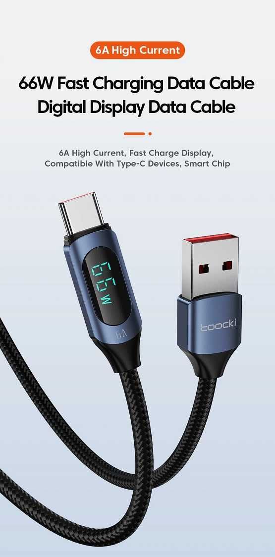 Kabel USB-USB typ C Toocki 2 metry 6A Full Led wyświetlacz 66W