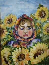Картина "Девочка с подсолнухами", гуашь, А-4