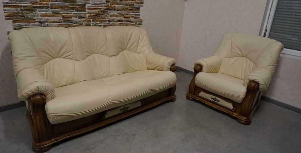 Zestaw na Stelażu Dębowym 3+1 Skóra Naturalna Jasna + Szuflady w-1116