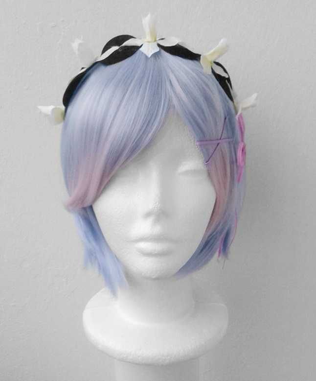 Rem Re Zero cosplay wig błękitna krótka peruka bob z grzywką + dodatki