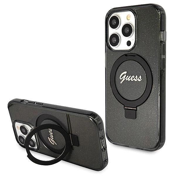 Etui Guess Ring Stand Script Glitter MagSafe na iPhone 14 Pro - czarne