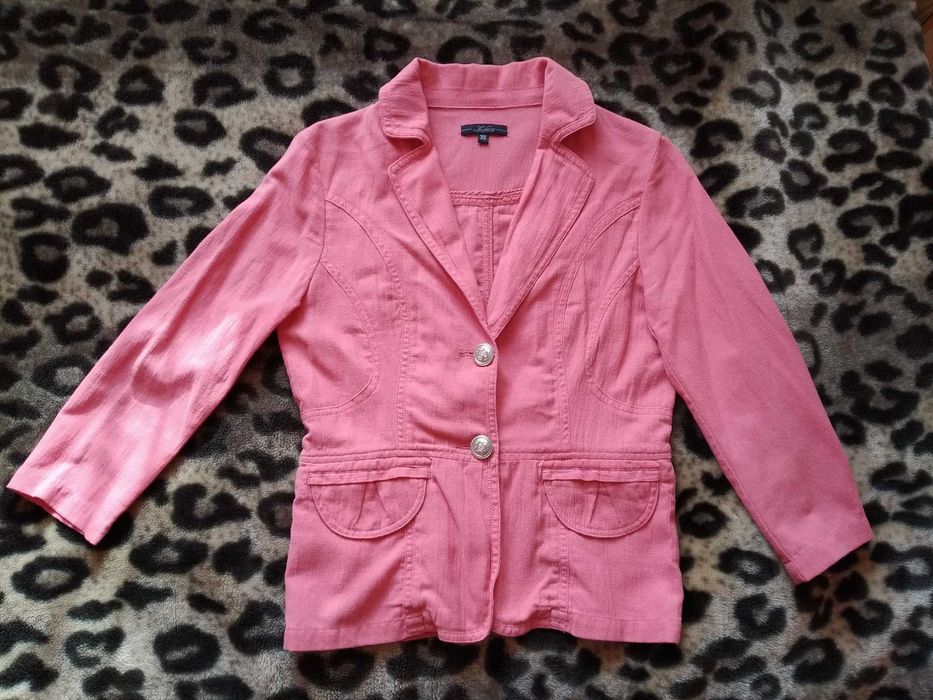 Cienka różowa marynarka z lnem, rękaw 3/4, rozm. 38
