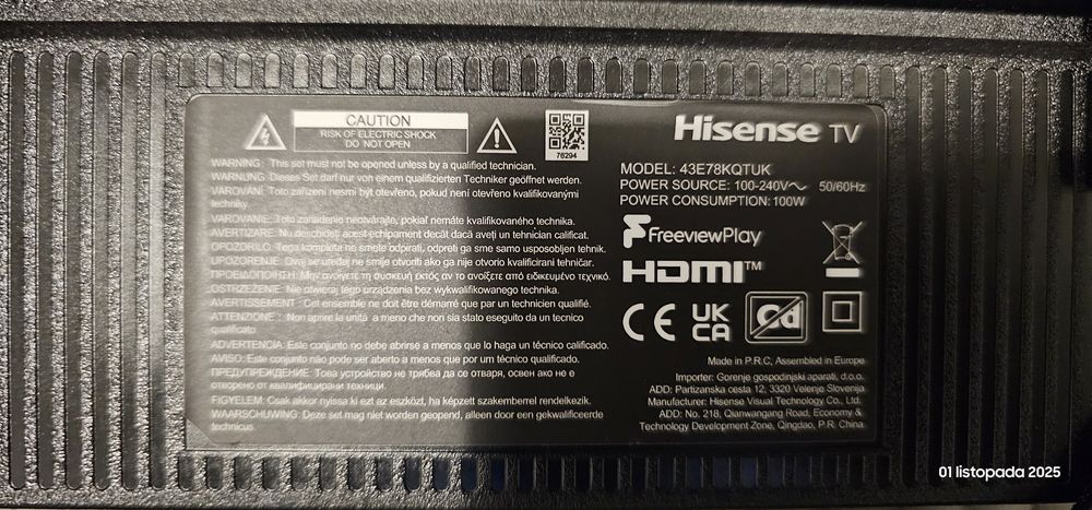Telewizor hisense 43E78KQTUK QLED 43CALE UHD USB 4K HDMI Smart TV