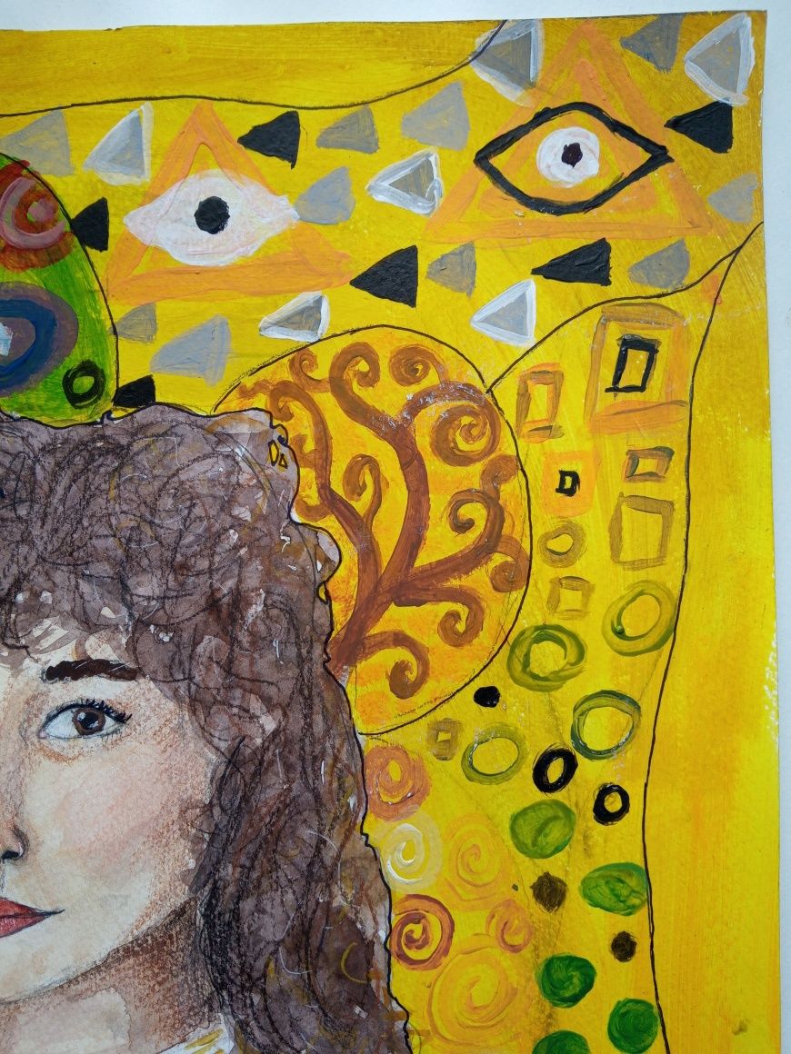 Obraz akryl i akwarela abstrakcja, "Kobieta na żółtym tle"