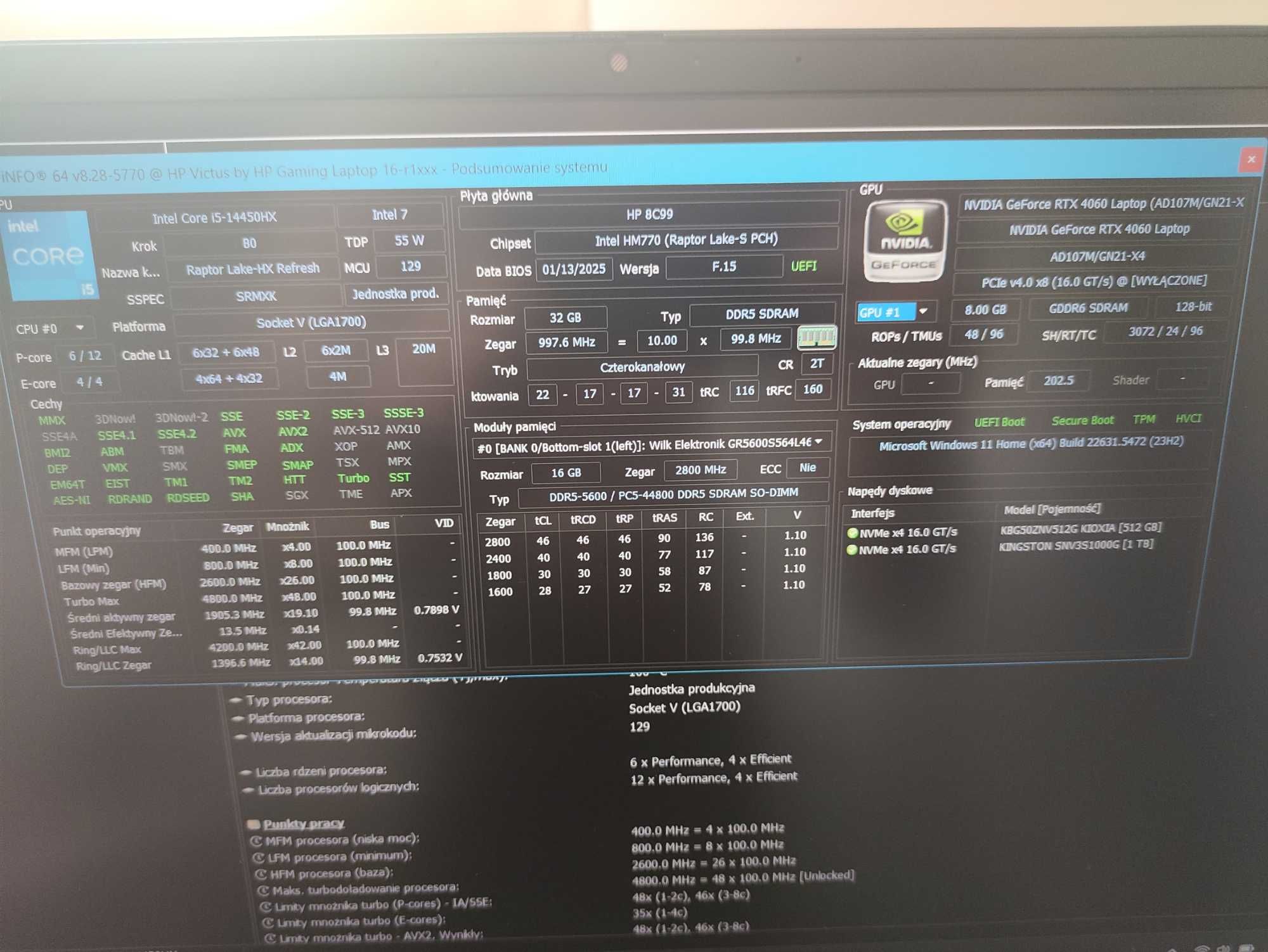 HP Victus 16 144Hz 5-14450HX / 32GB / 512 GB + 1 TB / Win11 RTX4060