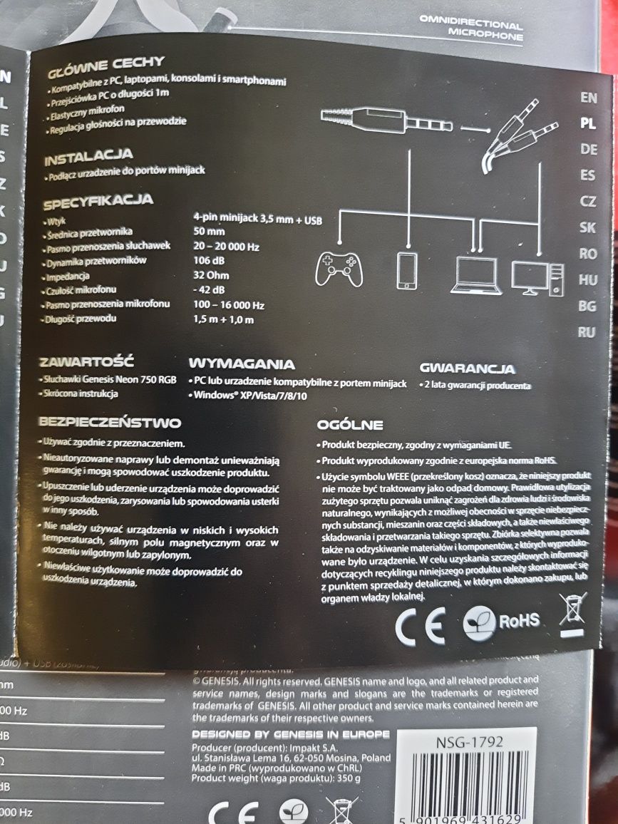 Słuchawki przewodowe genesis 750rgb