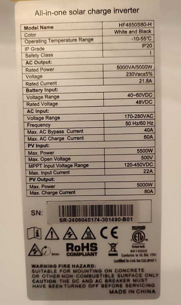 Гибридный инвертор SRNE SR-HF4850S80-H (5kW/5000Ватт, 48В)