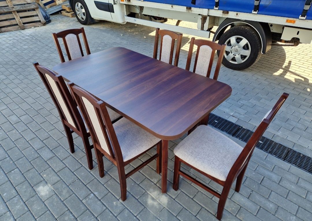 Nowe: Stół 80x140/180 + 6 krzeseł, ORZECH + KAWA Z MLEKIEM, dostawa PL