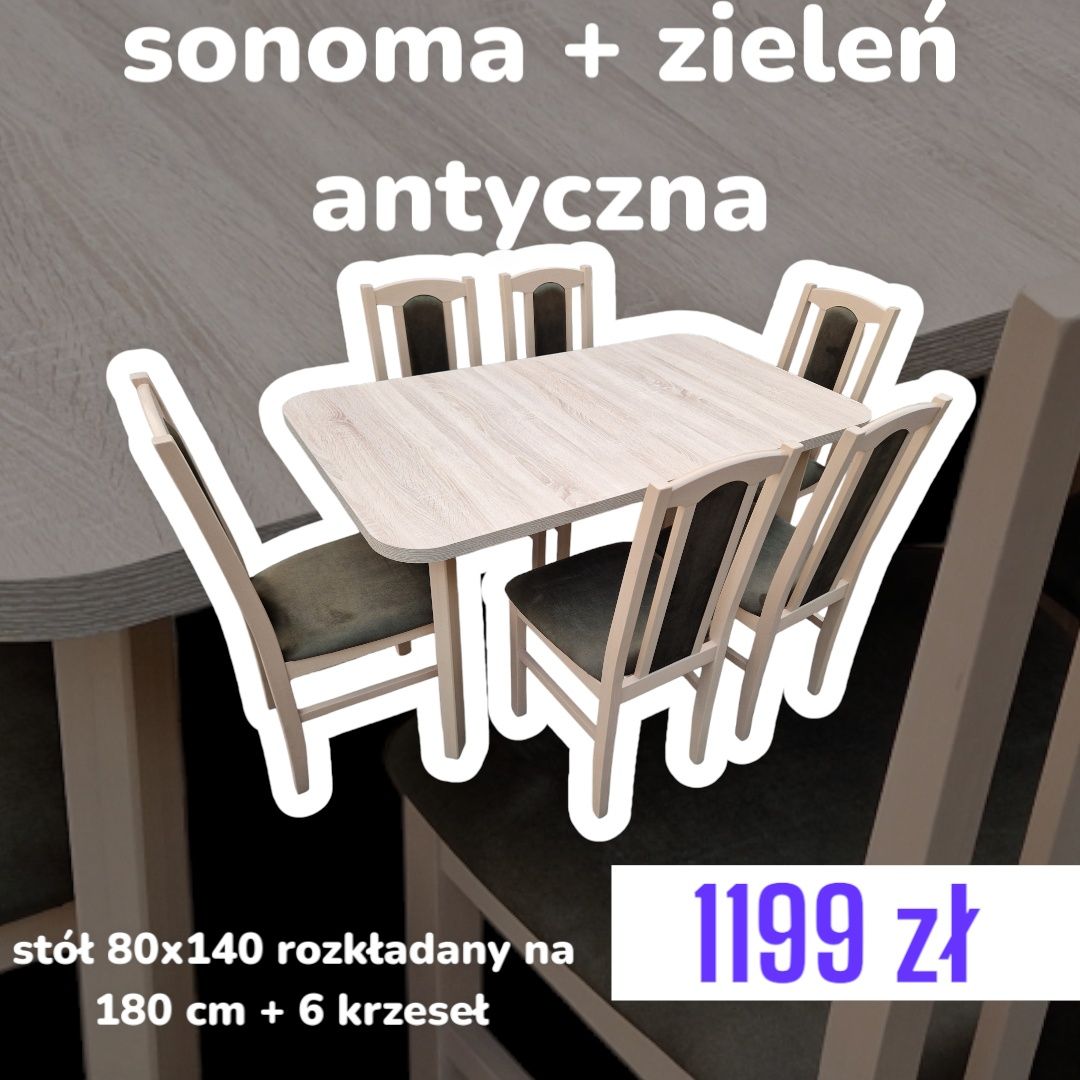 Nowe: Stół 80x140/180 + 6 krzeseł, sonoma + zieleń antyczna, transPL