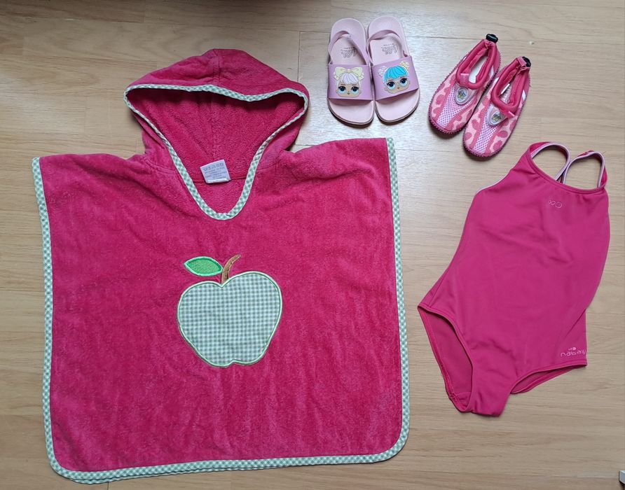 Zestaw strój kąpielowy, ręcznik, buty do wody, klapki dla dziewczynki