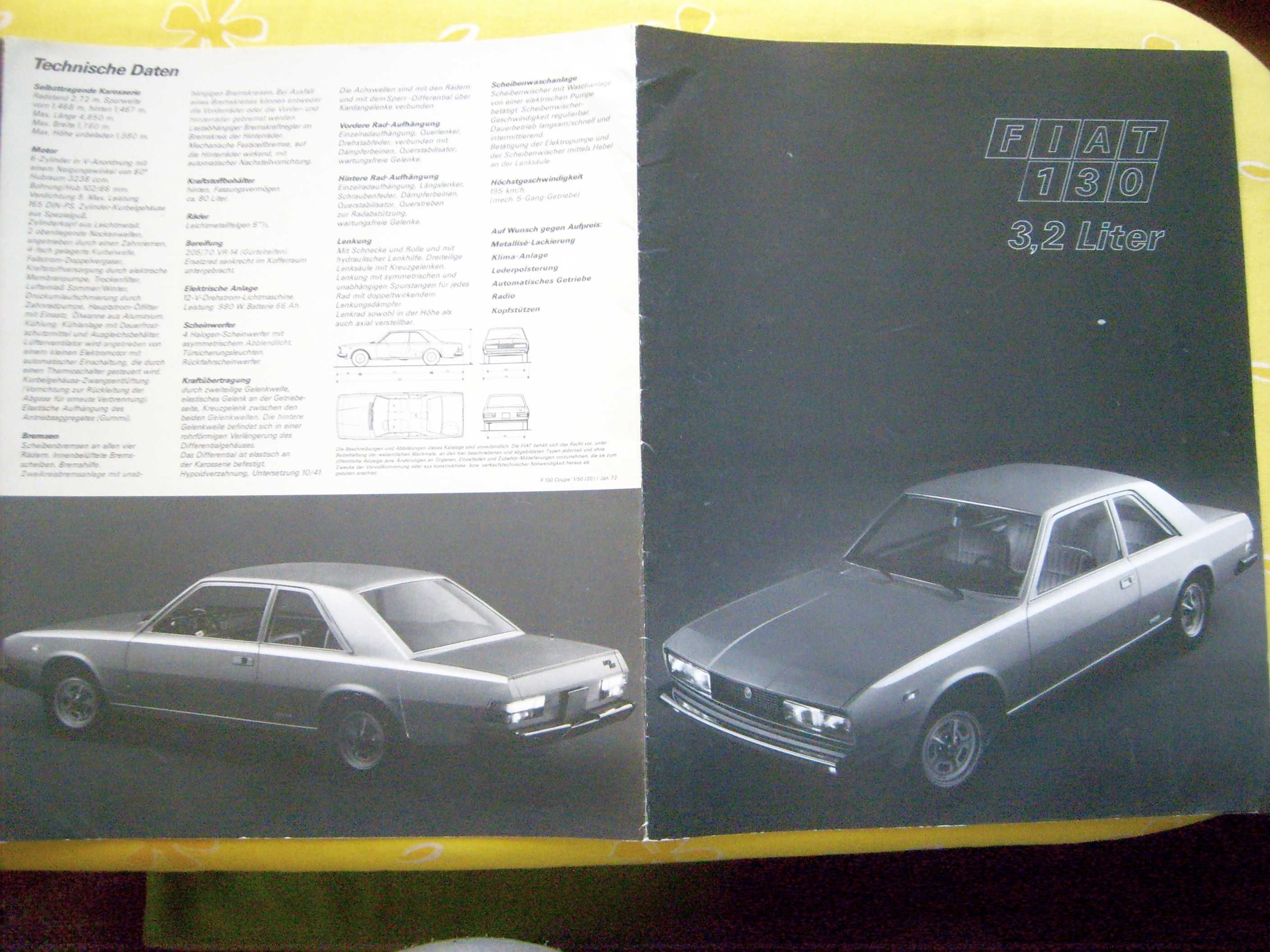 FIAT 130 COUPE 3200 - prospekt 1972 - duży format * RABATY 10% !