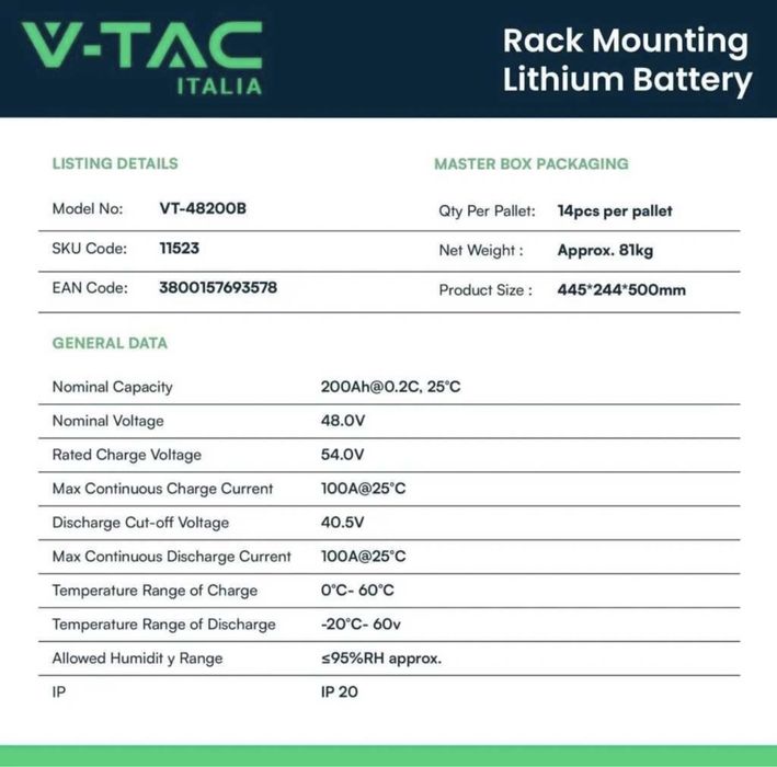 Акумуляторна батарея LiFeP04 V-TAC VT-48200B 48V 9.6 kWh 200Ah LFP