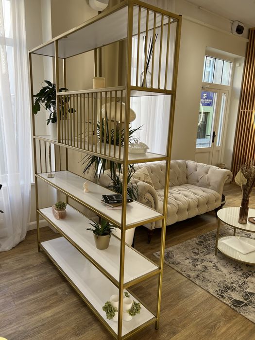 Designerski regał metalowy loft złoty biały