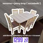 Nowe: Stół 80x140/180 + 6 krzeseł, sonoma + jasny brąz ( szczebelki)