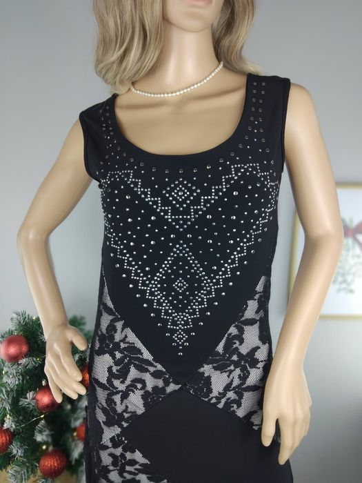 Długa sukienka wieczorowa maxi koronkowa cyrkonie asymetryczna lejąca