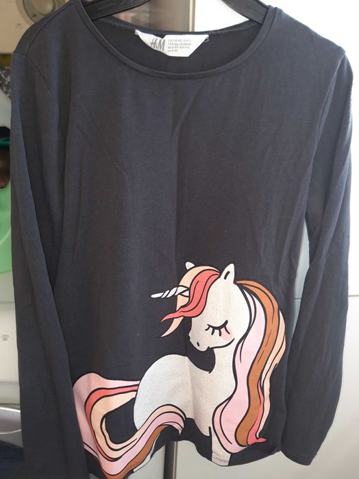 T-shirt manga comprida cinza H&M 8-10anos com unicórnio