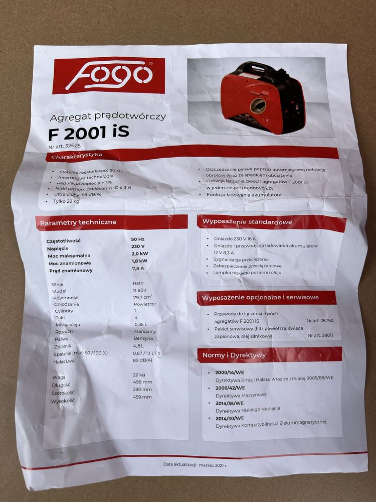 Agregat inwertorowy Fogo F 2001 is nieużywany