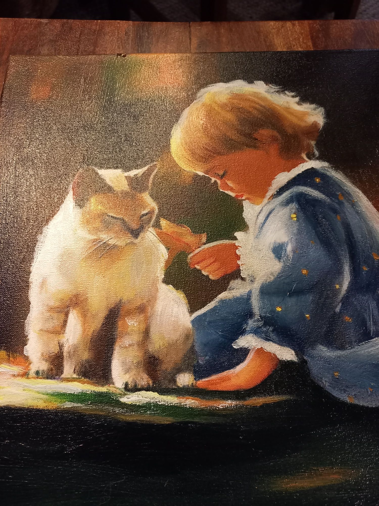 Obraz olejny dziewczynka z kotkiem 30x30cm