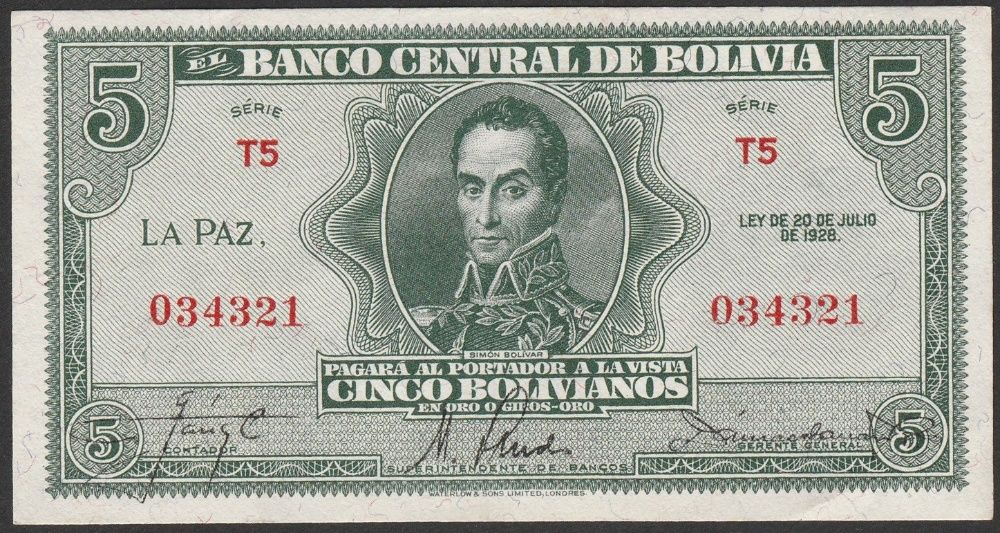 banknot Boliwia 5 bolivianos 1928 - Bolivar - stan bankowy - UNC -