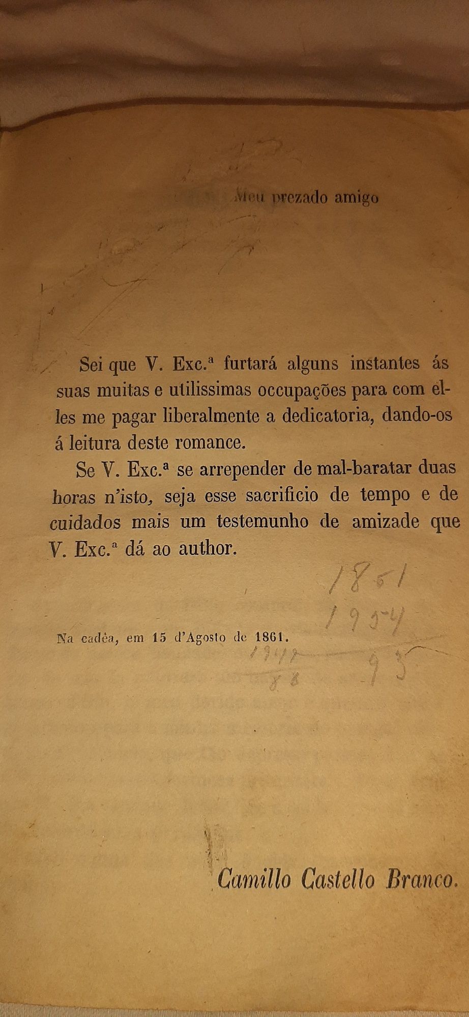 Antigo Livro de Camilo Castelo Branco  Primeira edição Ano 1861.