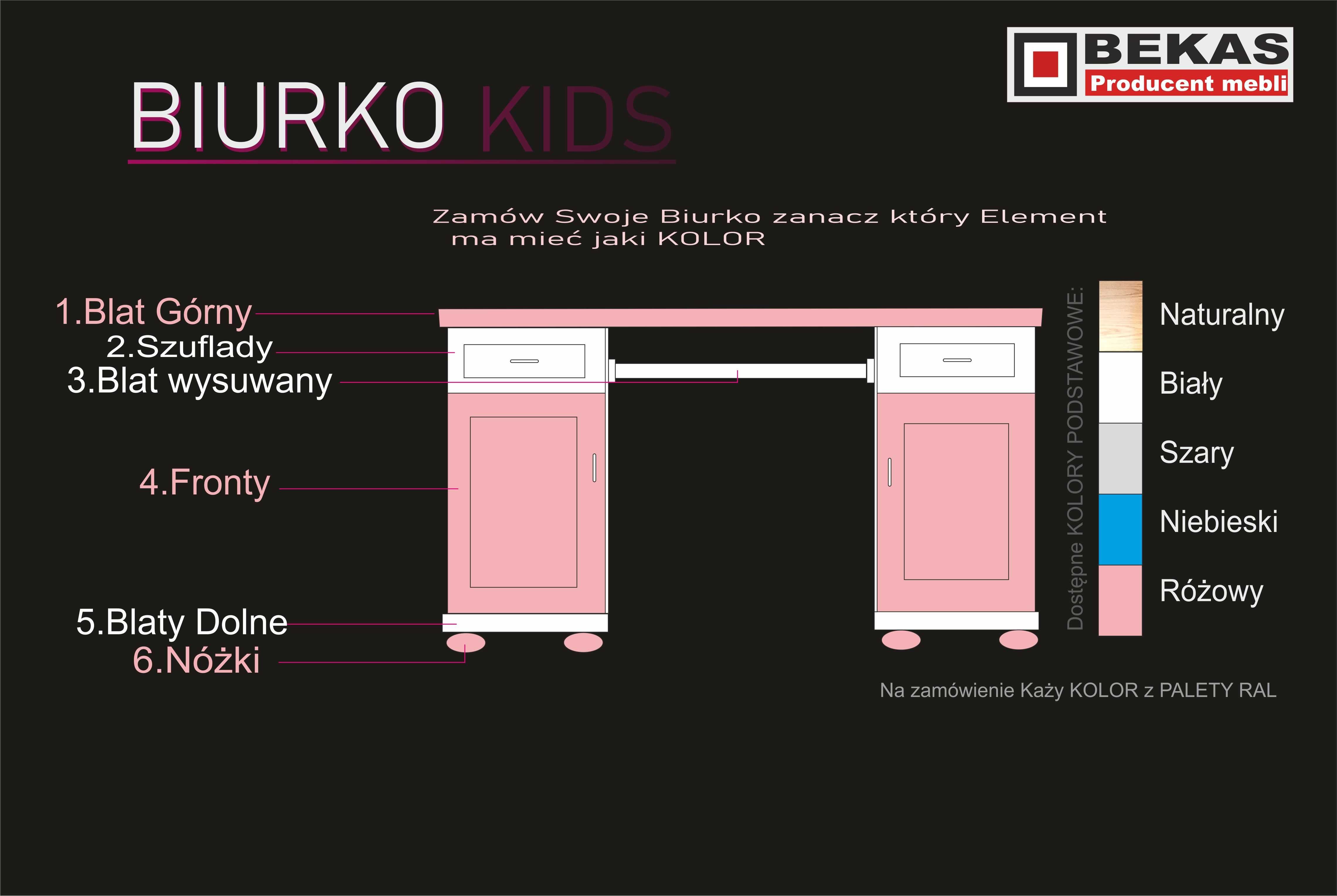 Śliczne Biurko KIDS 120 KSIĘŻNICZKI Pink White OAK Dąb BEKAS Producent