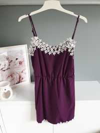 Piękna fioletowa sukienka z uroczą gipturą koronką nowa okazja S-M
