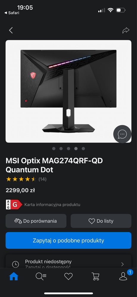 Monitor Gamingowy MSI OPTIX MAG274QRF-QD 165 Hz 2K / 4K 60 Hz