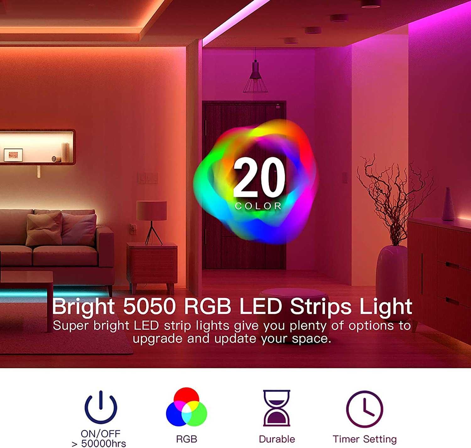 Fita LED RGB, 10 m, IP65, aplicação e Bluetooth, modo musica