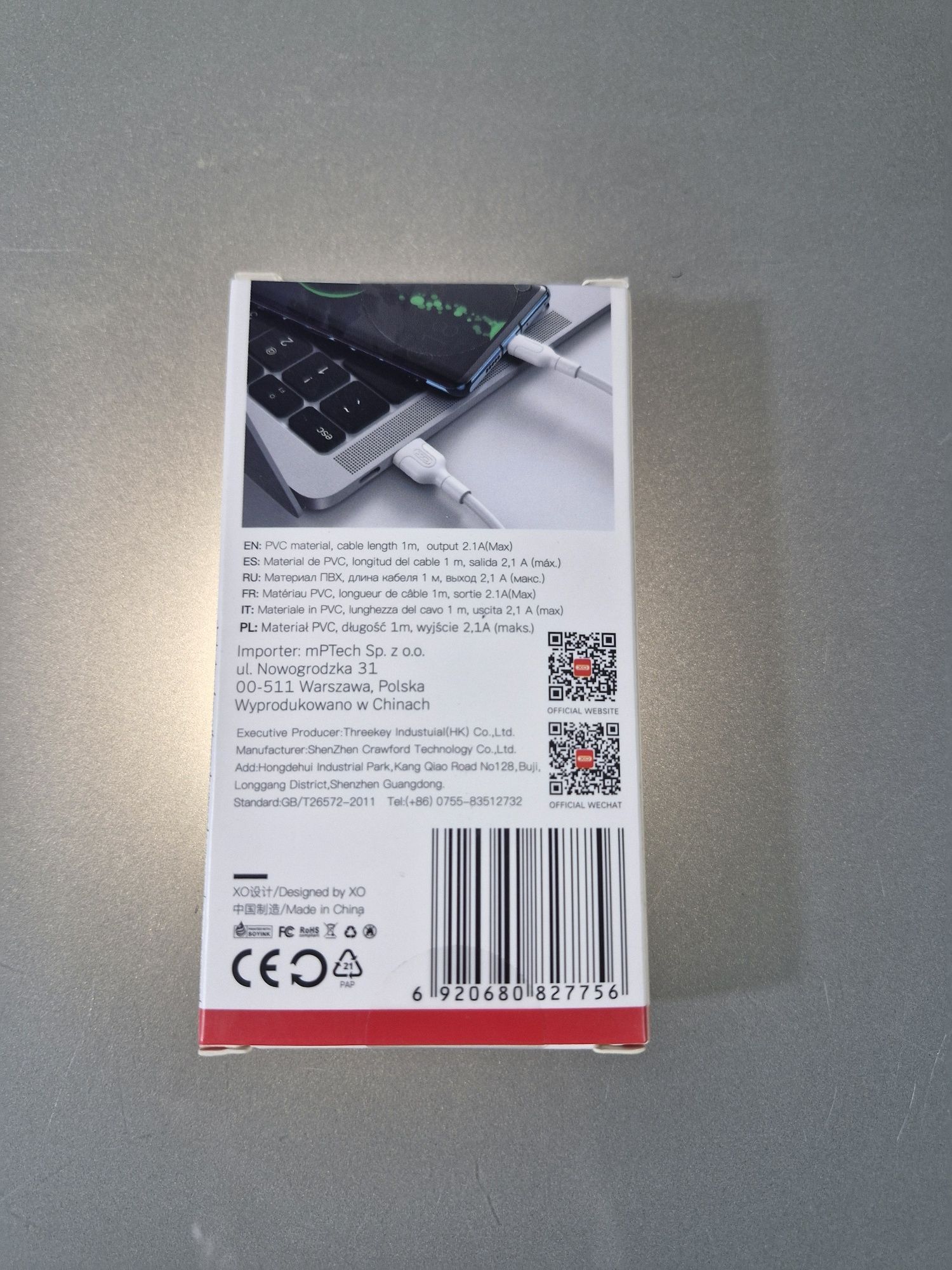 XO Kabel USB - USB-C długość 1m 2.1A Biały