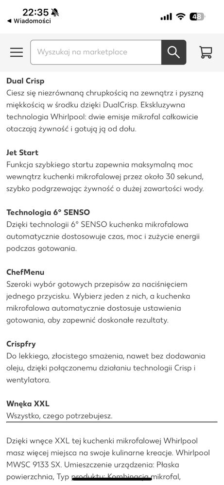 Kuchenka mikrofalowa Whirpool funkcja grila i gotowania na parze itp