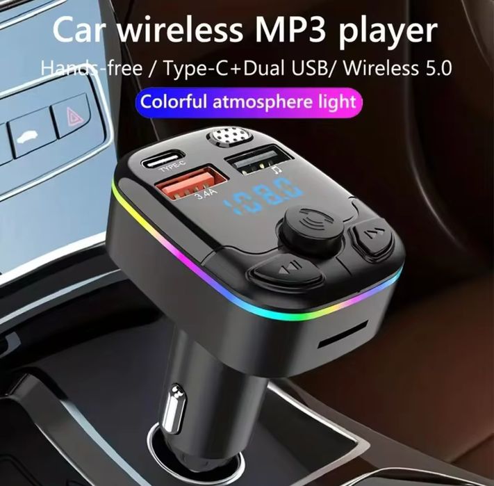 Transmiter Samochodowy Bluetooth FM, 2xUSB, 1 xUSB-C, LED RGB