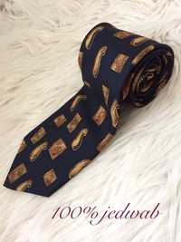 Jedwabny krawat vintage granatowy złoty