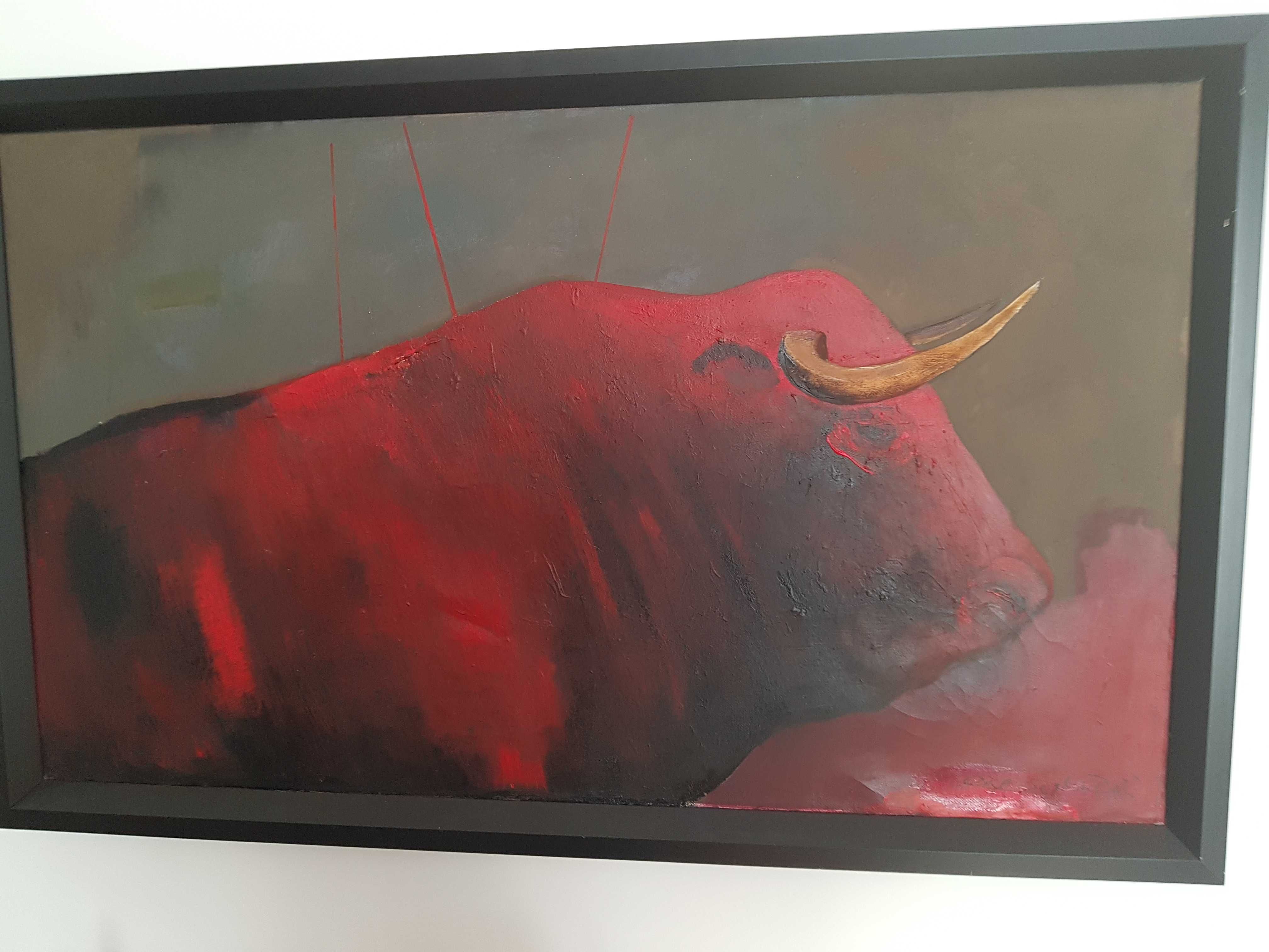 Obraz na plłótnie- Czerwony byk, olej akryl, 100/60