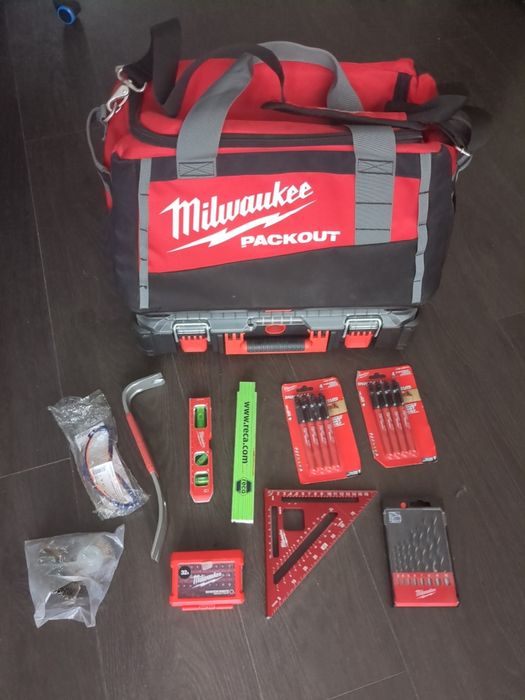 Zestaw Milwaukee Packout x2, łom, kątownik, marker Inkzall I pare inny