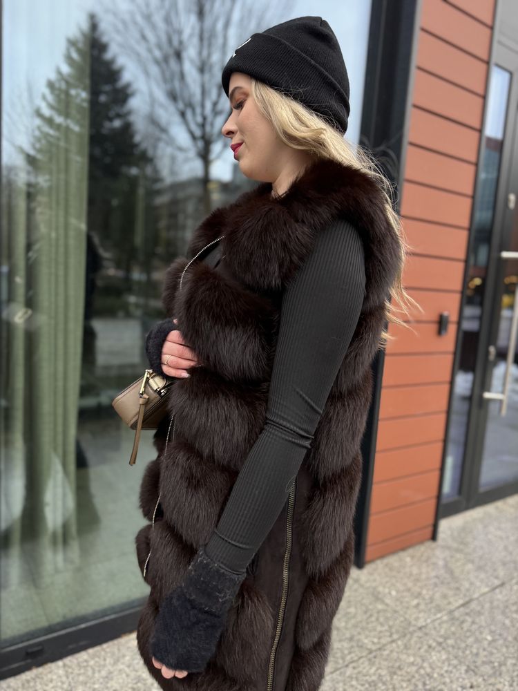 Kamizelka 2 w 1 brąz z lisa jodełka xs/s  naturalna new
