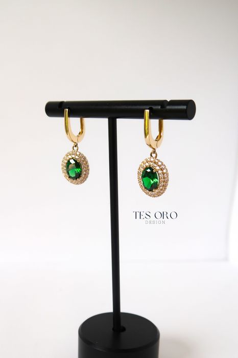Złote Wiszące Kolczyki z Zielonym Kamieniem | Próba Złota 585