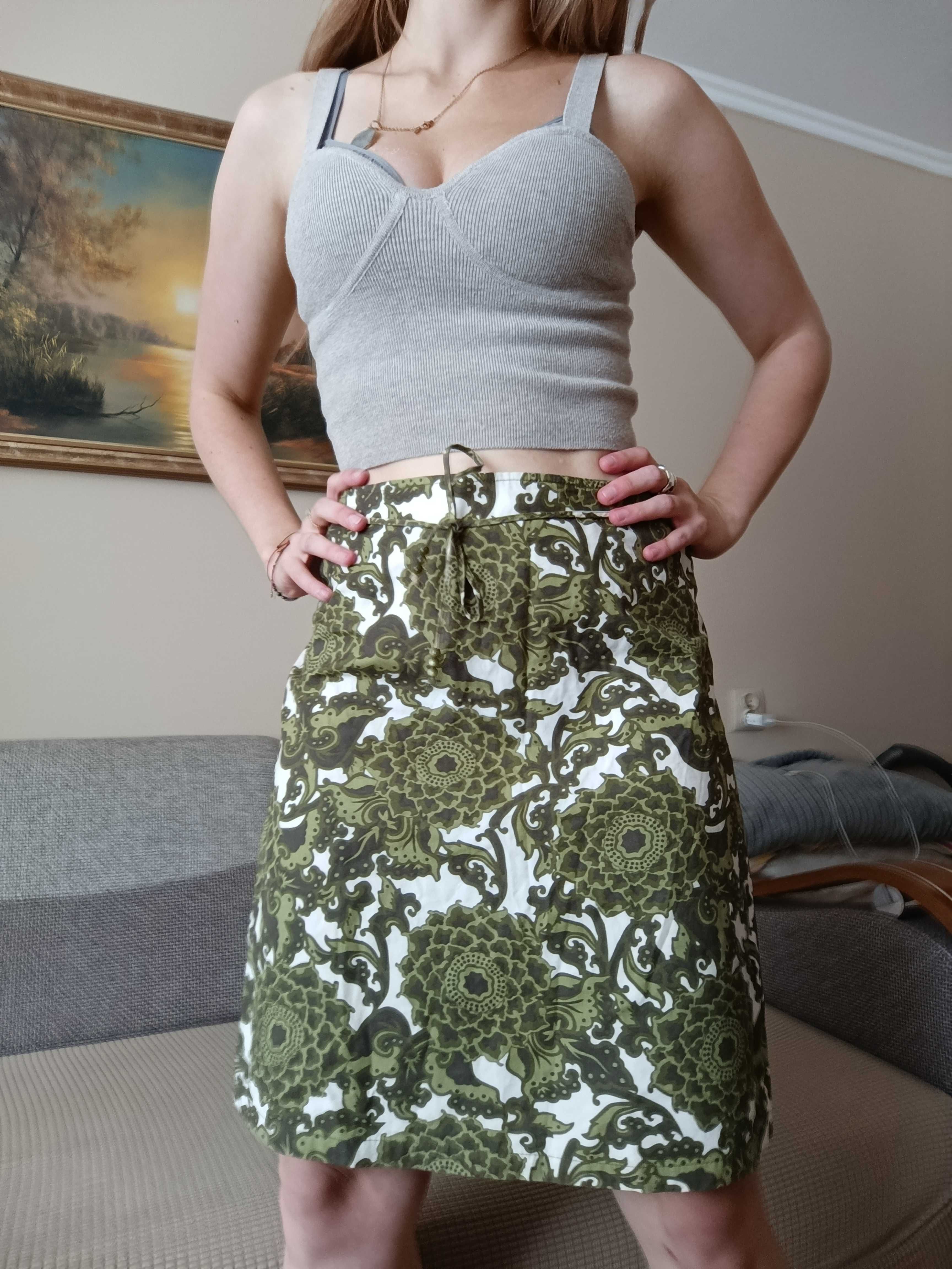 Spódnica low rise midi skirt y2k biała w zielone kwiaty wzory bluszcz