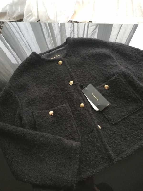 Massimo Dutti wełniany Krótki Żakiet Kardigan Boucle 38M 40L czarny XS