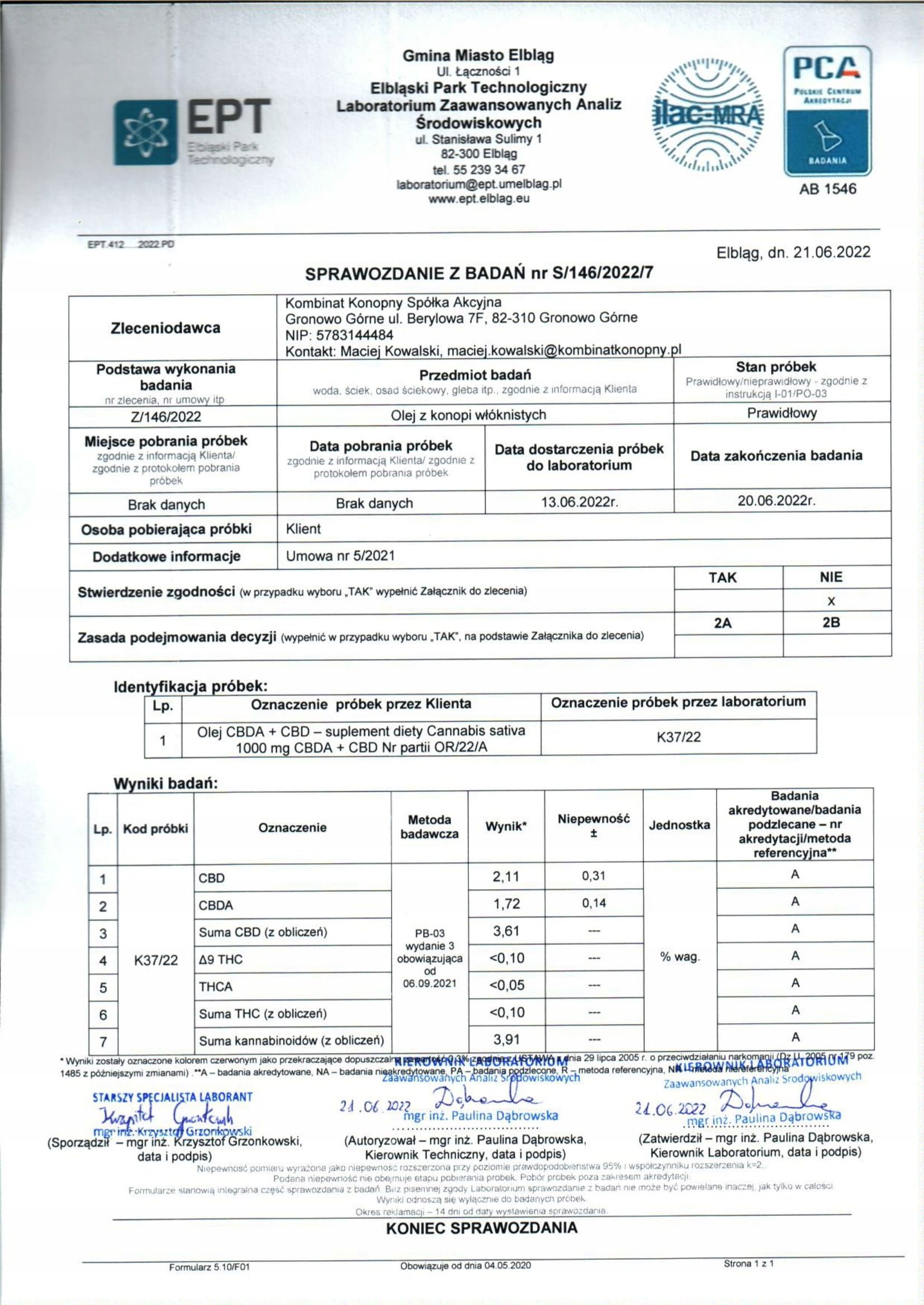 OLEJEK OLEJ CBD + CBDA RAW 1000mg Kombinat Konopny