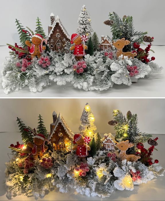 Stroik świąteczny LED zimowa dekoracja stołu piernikowe domki